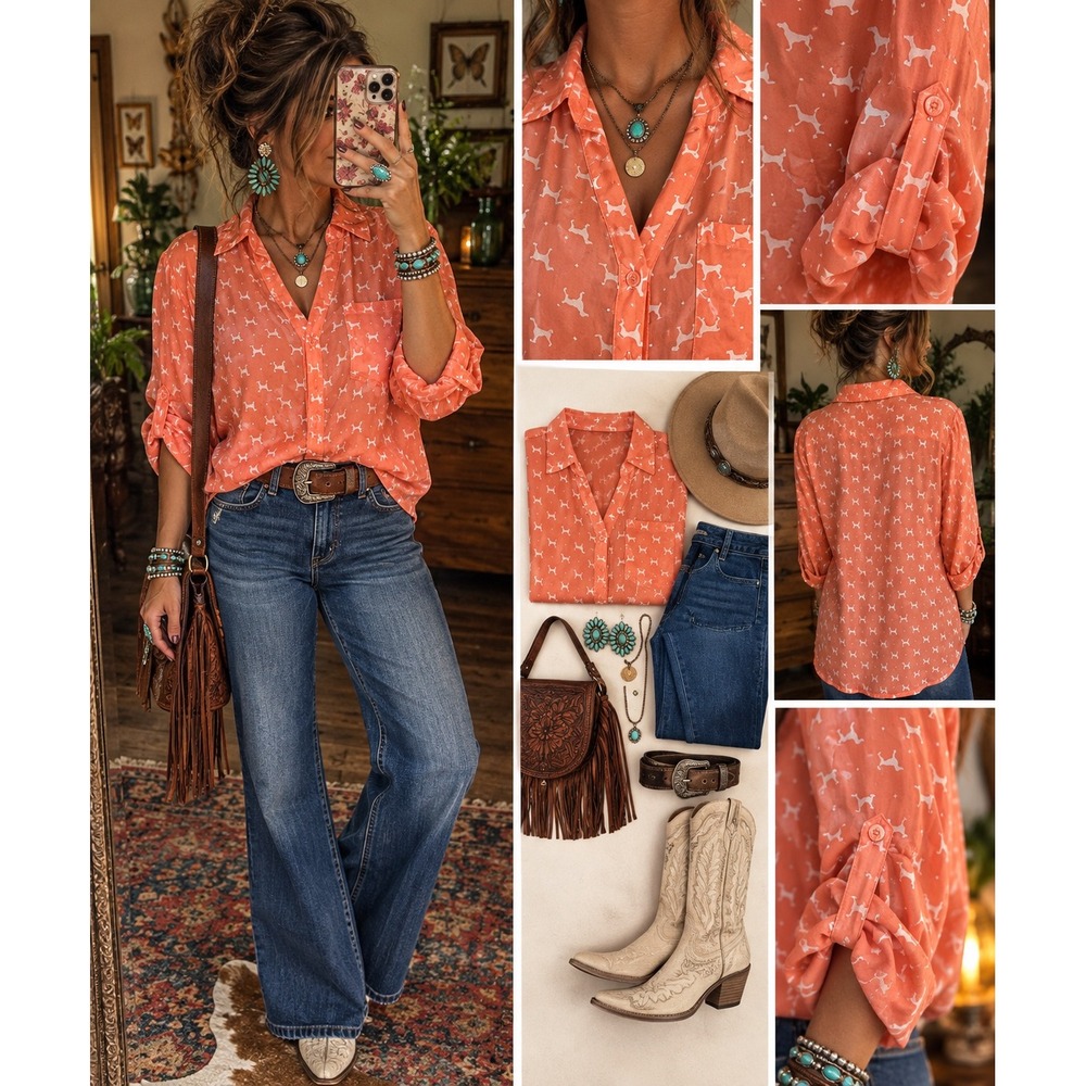 Salon Studio Dog Print Button Up Shirt XL Coral Orange Roll Tab Sleeve